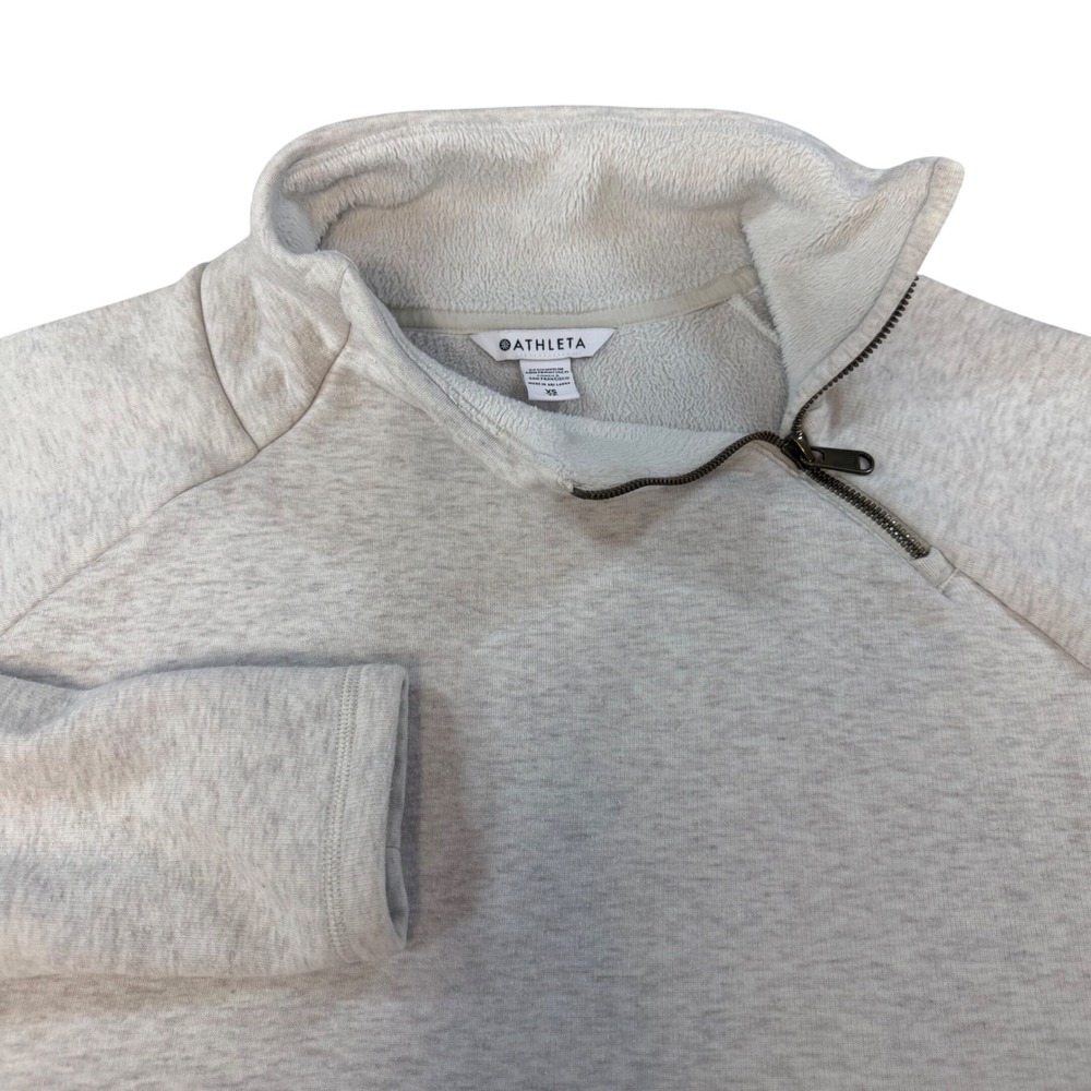 Athleta Womens XS Oatmeal Heather Asymmetrical Zip Fleece Pullover Tulip Hem Top